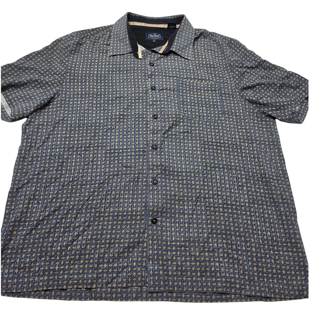 Nat Nast Luxury Originals Mens XL Blue Gold Diamond Print 100% Silk Camp Shirt